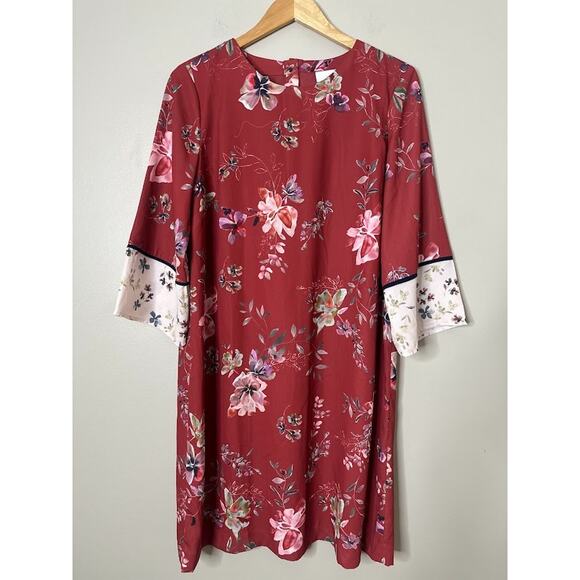 J Jill Watercolor Rust Floral Shift Dress 3/4 Kimono Sleeve Small Boho Office - Picture 2 of 10